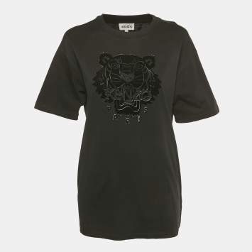 Pre Owned Kenzo Black Lion Applique Jersey T-Shirt S