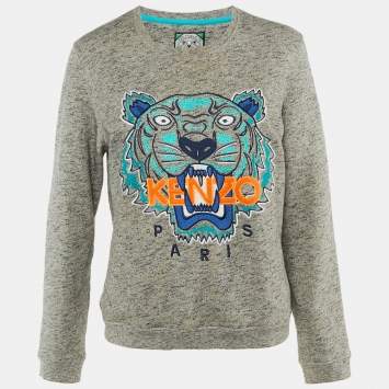 Pre Owned Kenzo Grey Tiger Head Embroidered Cotton Sweatshirt L