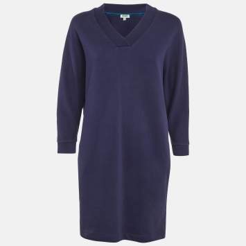 Pre Owned Kenzo Blue Jersey Cotton V-Neck Mini Dress XS