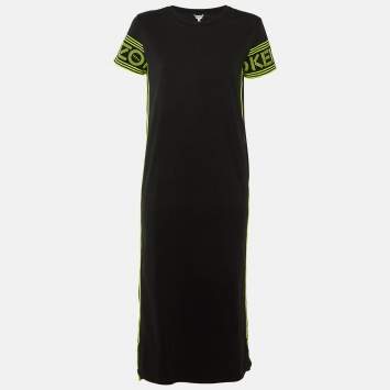Pre Owned Kenzo Black Cotton Knit Contrast Logo Detail Midi Dress M