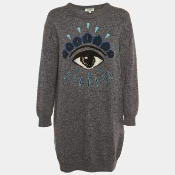 Pre Owned Kenzo Blue Logo Eye Intarsia Wool Knit Mini Sweater Dress L