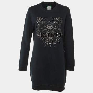 Pre Owned Kenzo Black Tiger Embroidered Cotton Knit Dress L