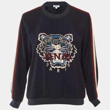 مملوكة مسبقًا Kenzo Navy Blue Logo Embroidered Crepe Crew Neck Sweatshirt M