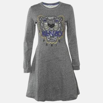 Pre Owned Kenzo Grey Tiger Embroidered Cotton Knit Mini Dress M