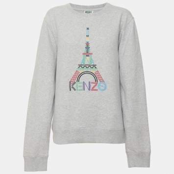 Pre Owned Kenzo Grey Embroidered Cotton Sweatshirt L