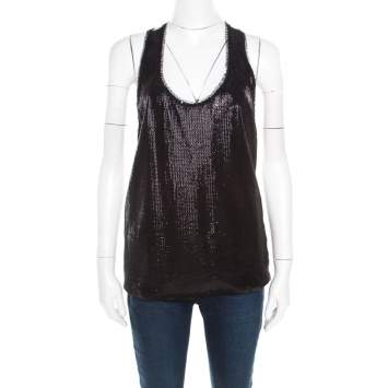 Pre Owned Kenzo Monochrome Sequined Front Polka Dotted Racer Back Top L