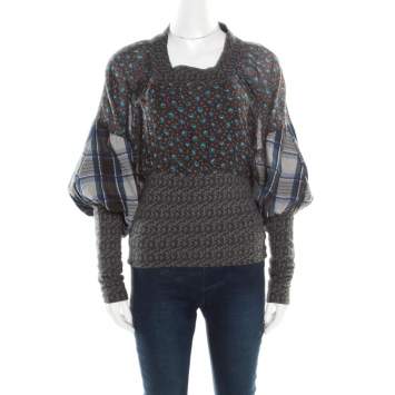 Pre Owned Kenzo Multicolor Floral and Checked Print Blouson Top S