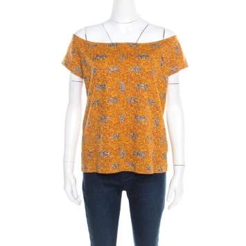 Pre Owned Kenzo Mustard Scribble Print Cotton Off Shoulder Top XL