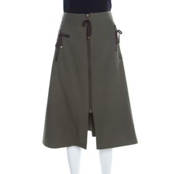 Pre Owned Kenzo Military Green Zip Front Midi Skirt M