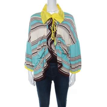Pre Owned Kenzo Multicolor Striped Knit Contrast Collar Detail Cardigan XL 