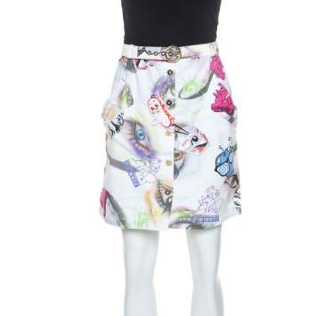 Pre Owned Kenzo White Printed Cotton Visage Button Down Skirt M
