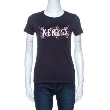 Pre Owned Kenzo Navy Blue Floral Logo Print Short Sleeve T-Shirt XS