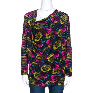 Pre Owned Kenzo Multicolor Printed Silk Asymmetric Draped Neck Top XL