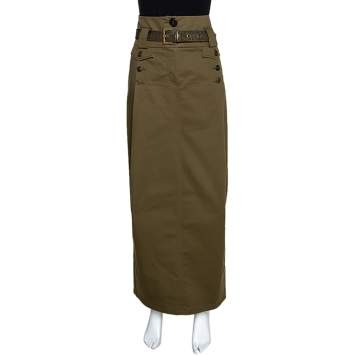 Pre Owned Kenzo Olive Green Stretch Cotton Belted Maxi Skirt S