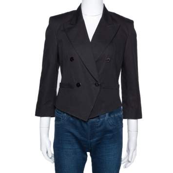 Pre Owned Kenzo Black Cotton Linen Double Breasted Crop Jacket M