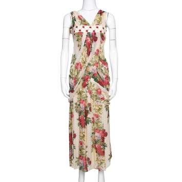 Pre Owned Kenzo Beige Polka Textured Floral Print Silk Draped Maxi Dress S