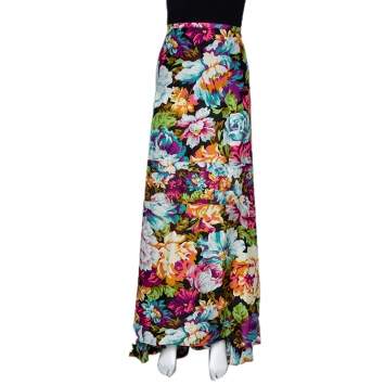Pre Owned Kenzo Multicolor Floral Print Silk Maxi Skirt M