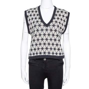 Pre Owned Kenzo Black Patterned Wool Knit Cropped Sleeveless Sweater L