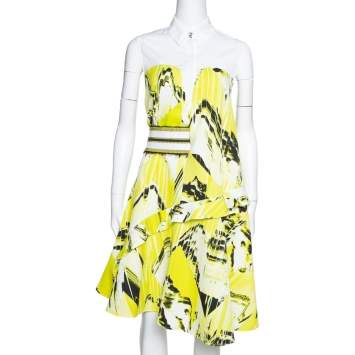 Pre Owned Kenzo Yellow Textured Cotton Mountain Print Sleeveless Collared Dress L