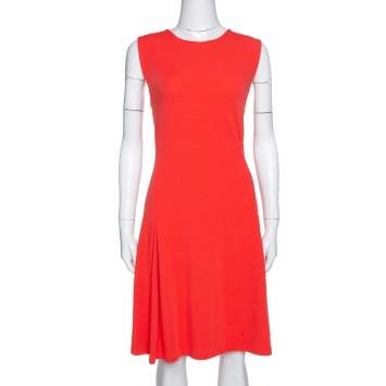 Pre Owned Kenzo Bright Coral Rib Knit Zip Detail Sleeveless Flared Dress XL