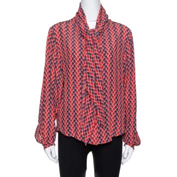Pre Owned Kenzo Red Printed Silk Neck Tie Detail Long Sleeve Shirt L