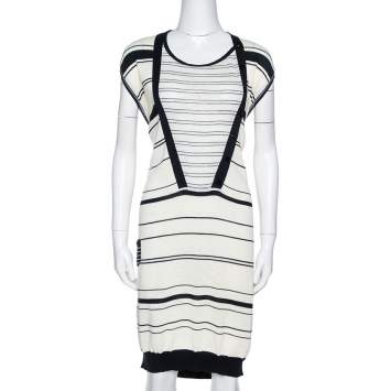 Pre Owned Kenzo Off White & Navy Striped Cotton Knit Sweater Dress L