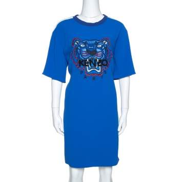Pre Owned Kenzo Blue Crepe Embroidered Tiger Motif T-Shirt Dress L