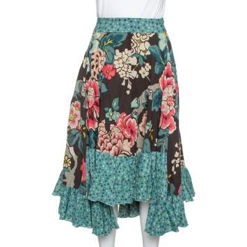 Pre Owned Kenzo Teal Floral Print Wool Crepe Ruffled Midi Skirt M