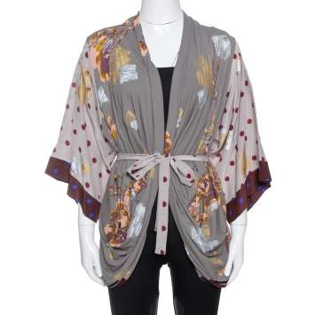 Pre Owned Kenzo Grey & Burgundy Silk Polka Dot & Floral Print Belted Kimono S