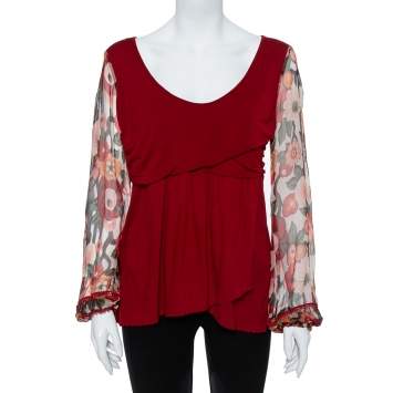 Pre Owned Kenzo Burgundy Cotton Blend Floral Print Long Sleeve Blouse L