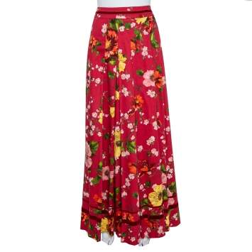 Pre Owned Kenzo Red Cotton Floral Print Pleated Maxi Skirt L