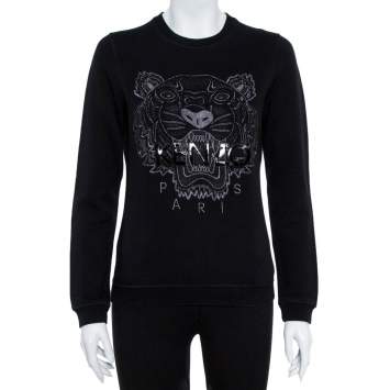 Pre Owned Kenzo Black Cotton Tiger Metallic Embroidered Sweatshirt S