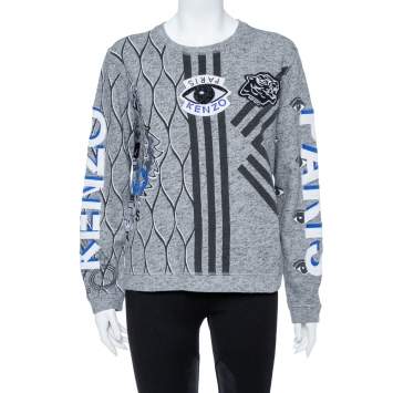 Pre Owned Kenzo Grey Multi Icon Embroidered Logo Applique Long Sleeve Sweatshirt XL