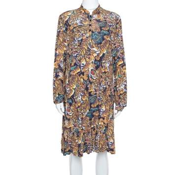 Pre Owned Kenzo Multicolor Flying Tiger Printed Jersey Pleated Hem Detail Dress S