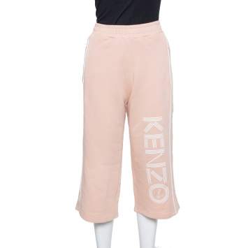 Pre Owned Kenzo Salmon Pink Knit Logo Printed Cropped Track Pants XS