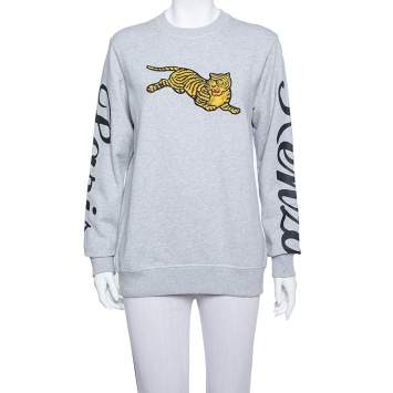 Pre Owned Kenzo Grey Knit Flying Tiger Embroidery Detail Sweatshirt XS