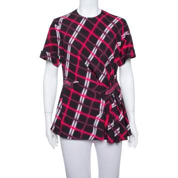 Pre Owned Kenzo Black Plaid Pattern Printed Crepe Waist Inset Tie Detail Top M