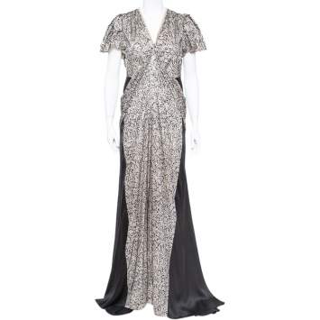مملوكة مسبقًا Kenzo Monochrome Silk Devore Paneled Detail Flared Maxi Dress L