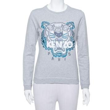 Pre Owned Kenzo Grey Tiger Motif Embroidered Cotton Sweatshirt M