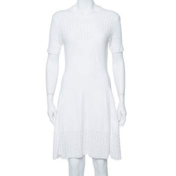 Pre Owned Kenzo White Perforated Knit Fit & Flare Dress L