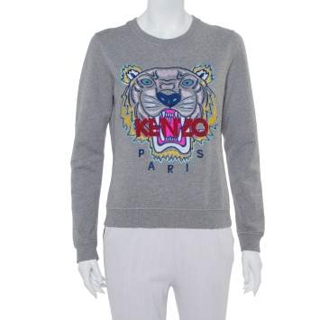 Pre Owned Kenzo Grey Tiger Motif Embroidered Cotton Crewneck Sweatshirt M