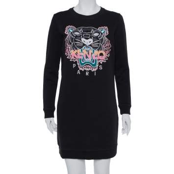 Pre Owned Kenzo Black Tiger Embroidered Cotton T-Shirt Dress M