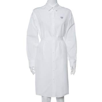 مملوكة مسبقًا Kenzo White Tiger Embroidered Cotton Belted Shirt Dress S