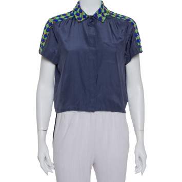 Pre Owned Kenzo Dark Grey Cotton & Silk Bead Embellished Button Front Crop Top S