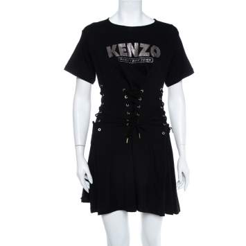 Pre Owned Kenzo Black Logo Printed Knit Corset Detail Mini Dress XS