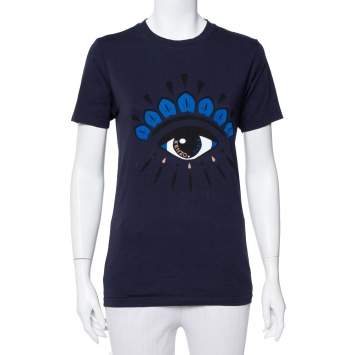 Pre Owned Kenzo Navy Blue Eye Printed Cotton Crewneck T-Shirt XS