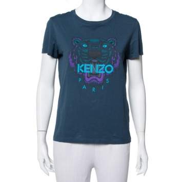 Pre Owned Kenzo Teal Green Tiger Printed Cotton Crewneck T-Shirt M