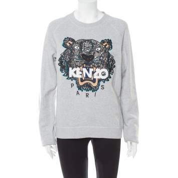 Pre Owned Kenzo Grey Tiger Motif Embroidered Cotton Crewneck Sweatshirt S