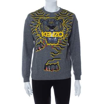 Pre Owned Kenzo Grey Tiger Motif Embroidered Cotton Sweatshirt S