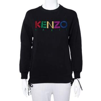 Pre Owned Kenzo Black Knit Logo Embroidered Side Zip Detail Sweatshirt S